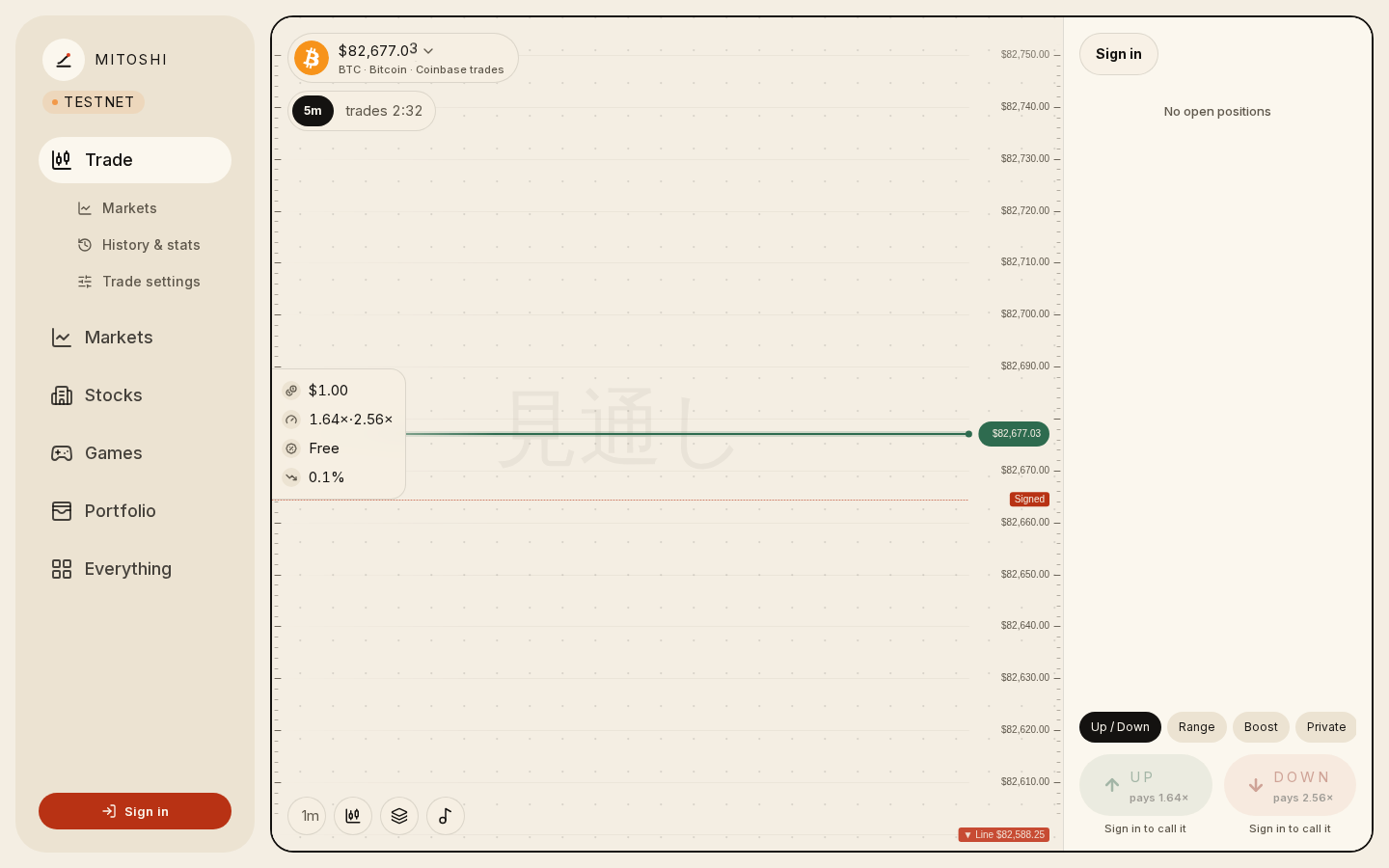 Mitoshi's terminal on Tempo testnet: the BTC line, the Window's clock, UP and DOWN